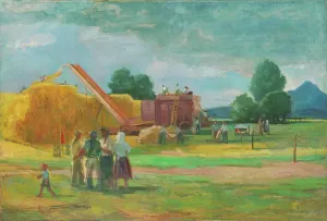Agricultural Worker Occupation Prints: Threshing on State Property, 1950. Creator: Bedrich Hoffstadter