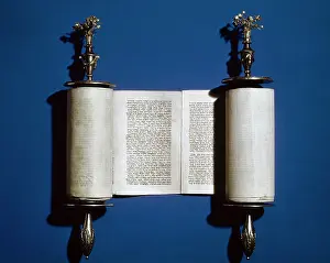 Blue Background Photography Prints: Torah: Scroll of the Law and silver scroll holder, 2008. Creator: Unknown