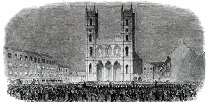 Victorian Gothic Architecture Prints: Torch-Light Procession in the Place d'Armes, at Montreal, 1850. Creator: Unknown