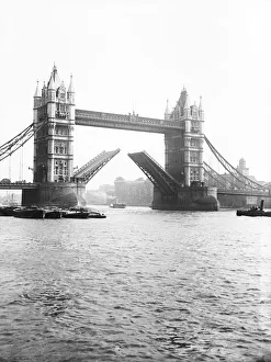 Old London Bridge Prints: Tower Bridge with bascules open, London, c1905