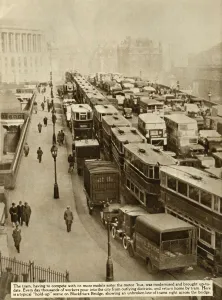 Prints of Traffic jam on Blackfriars Bridge, London, 1935. A typical hold-up scene...showing an unbroken line of trams right across the bridge Blackfriars Bridge Prints: Traffic Jam on Blackfriars Bridge, London Print 1935
