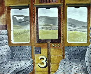 Train Landscape Print, 1940 Woodcut