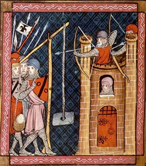 Medieval Siege Engines Prints: A trebuchet in use at a siege, c1340. Creator: Unknown
