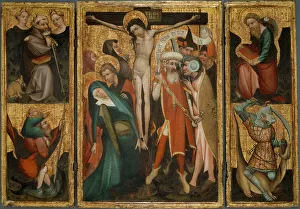 European Christian Art Prints: Triptych of the Crucifixion with Saints Anthony, Christopher, James and George