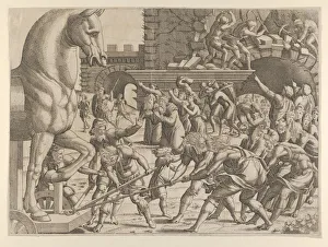The Trojans Bring the Wooden Horse into Their City, 1535-55. Creator: Jean Mignon The Trojans Bring the Wooden Horse into Their City, 1535-55. Creator: Jean Mignon