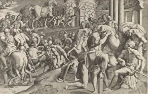 The Trojans hauling the wooden horse into Troy, 1545. Creator: Giulio Bonasone The Trojans hauling the wooden horse into Troy, 1545. Creator: Giulio Bonasone