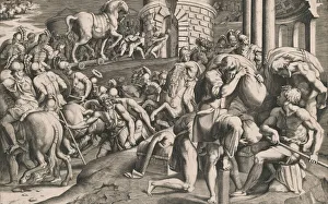 The Trojans pulling the wooden horse into the city, 1545. Creator: Giulio Bonasone The Trojans pulling the wooden horse into the city, 1545. Creator: Giulio Bonasone