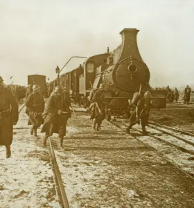 B And W Historical Images Prints: Troops disembarking from steam train, c1914-c1918