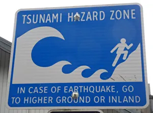 Tsunami warning road sign, British Columbia, Canada 2018. Creator: Unknown Tsunami warning road sign, British Columbia, Canada 2018. Creator: Unknown