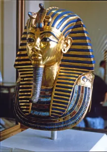 Tutankhamun death mask made of solid gold encrusted with precious stones, found by H Tutankhamun death mask made of solid gold encrusted with precious stones, found by H