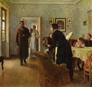 Prints of Unexpected Return, 1884, (1965). The home-coming of a Russian political prisoner - the room portrayed is the artists living room and the models included members of his family Ilya Repin Prints: Il'ya Repin's 'Unexpected Return' Print, 1884 (1965)
