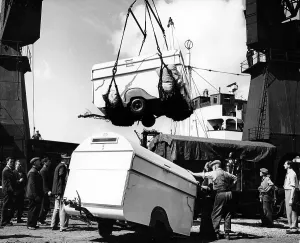 Unloading Trailers from a Ship Print, c1950s