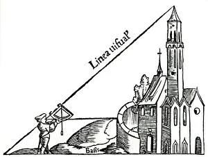Prints of Using a quadrant with a plumb bob to calculate the height of a tower by triangulation, 1551. From Rudimenta Mathematica by Sebastian Munster. (Basel, 1551) Sebastian Munster Prints: Print of a 16th-century quadrant with plumb bob and tower