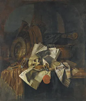 Vanitas still life with a skull, a shield, an hour glass, books and papers on a tabletop Vanitas still life with a skull, a shield, an hour glass, books and papers on a tabletop