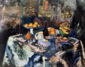 Print of a still life with a vase, bottle and fruit arranged on a table