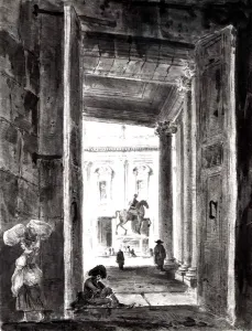 Marcus Aurelius Statue Prints: View of the Campidoglio with the Statue of Marcus Aurelius, 1762. Creator: Hubert Robert