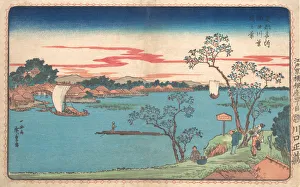 Polychrome Woodblock Art Prints: A View of Cherry Trees in Leaf along the Sumida River, 1831. 1831. Creator: Ando Hiroshige