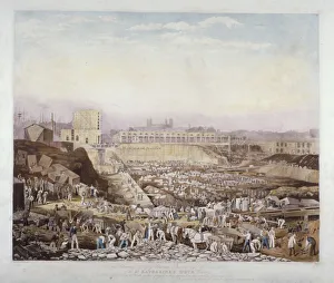 Thomas Telford Engineer Prints: View of construction work at St Katherines Dock, Stepney, London, January, 1828