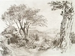 Scottish Heritage Art Prints: View on a Hill, with Trees and Figures, c1820s. Creator: Andrew Geddes