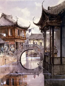 Chinese Prints: Print of Shanghai Waterway Scene, c1860