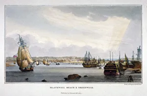 View of water vessels on the River Thames showing Blackwall and Greenwich, London, 1821 View of water vessels on the River Thames showing Blackwall and Greenwich, London, 1821