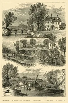 Prints of Views on the River Lea, c1876. Ferry House, Tottenham Church, weir, cottage and Tottenham Lock on the River Lea, East London Tottenham Prints: Heritage Images Print: Views on the River Lea, c1876