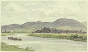 Prints of Village on a river with mountains in the middle ground, 19th century Peter Burnitz Prints: River Village Print with Mountainous Background