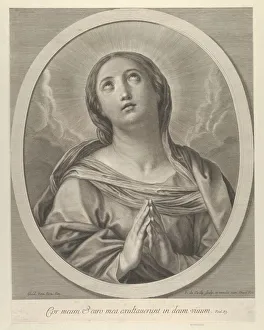 Christian Female Figures Prints: The Virgin in prayer, looking up with clouds behind her, in an oval frame, after Reni