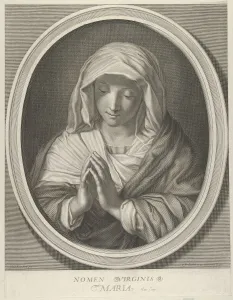 Christian Female Figures Prints: The Virgin in prayer looking down, in an oval frame, after Reni, 1640-93