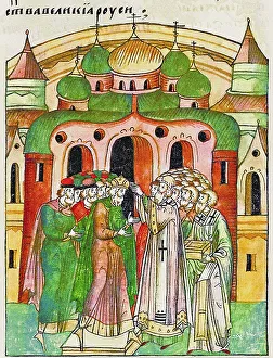 Vladimir Vsevolodovich crowned by Bishop Neophytos with Monomakhs Cap. (From the Illuminated Compil Artist: Anonymous) Vladimir Vsevolodovich crowned by Bishop Neophytos with Monomakhs Cap. (From the Illuminated Compil Artist: Anonymous)