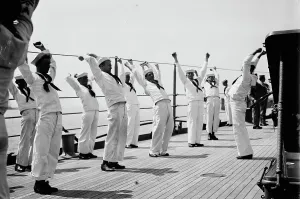 Black And White Naval Photography Prints: War game drill on USS Seattle, between c1910 and c1915. Creator: Bain News Service