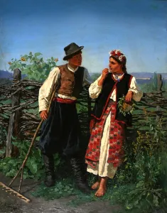 At the Wattle-fence, 1863. Artist: Trutovsky, Konstantin Alexandrovich (1826-1893) At the Wattle-fence, 1863. Artist: Trutovsky, Konstantin Alexandrovich (1826-1893)
