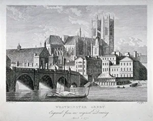 Historic River Thames Views Prints: Westminster Abbey and Bridge from the River Thames, London, 1775. Artist