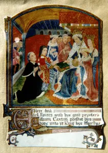 William Caxton Prints: William Caxton, English printer, presenting a book to King Edward IV, 1477