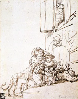 Woman with a Child Afraid of a Dog, 17th century. Artist: Rembrandt Harmensz van Rijn Woman with a Child Afraid of a Dog, 17th century. Artist: Rembrandt Harmensz van Rijn