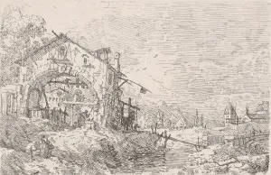 Woman drawing water from a well beneath an arcade at left, with a landscape at right, 1 Woman drawing water from a well beneath an arcade at left, with a landscape at right, 1