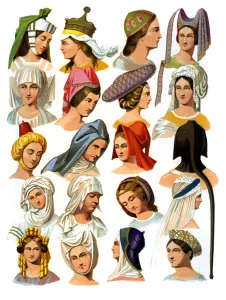 Womens hats of different classes of society, 13th-16th century (1849).Artist: Thurwanger Freres Womens hats of different classes of society, 13th-16th century (1849).Artist: Thurwanger Freres