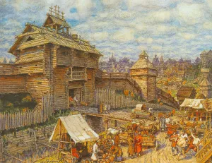Wooden City of Moscow in the 14th century. Artist: Vasnetsov, Appolinari Mikhaylovich (1856-1933) Wooden City of Moscow in the 14th century. Artist: Vasnetsov, Appolinari Mikhaylovich (1856-1933)