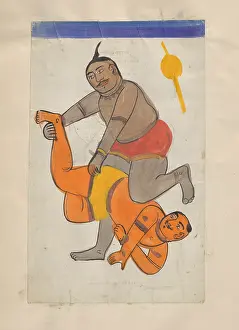 Watercolour Pencil Drawing Prints: Wrestlers. Creator: Unknown