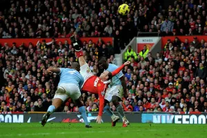 Prints of Manchester United footballer Wayne Rooney scoring an overhead kick against Manchester City Manchester Prints: Manchester United's Wayne Rooney Overhead Kick Print