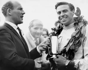 Jim Clark Prints: Jim Clark accepts trophy from Sir Stirling Moss Print