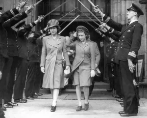 Princess Elizabeth and Princess Margaret attending a wedding in Westminster Abbey Princess Elizabeth and Princess Margaret attending a wedding in Westminster Abbey