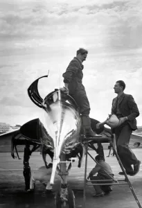Test Pilot and world speed record holder Peter Twiss at Farnborough with his Fairey Delta Test Pilot and world speed record holder Peter Twiss at Farnborough with his Fairey Delta