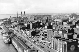 Prints of Aerial view of Liverpool in 1961 Taken from the top of the Liver building Showing part of the docks and the Henry Diaper warehouses Aerial View Prints: Aerial View of Liverpool Print 1961