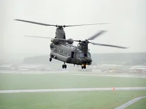 A Chinook of 27 Sqn based at RAF Odiham photographed flying low over an airfield in Scotland A Chinook of 27 Sqn based at RAF Odiham photographed flying low over an airfield in Scotland