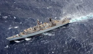 Images Dated 2009: HMS Cornwall Print: Aerial View of Vertical Replenishment at Sea