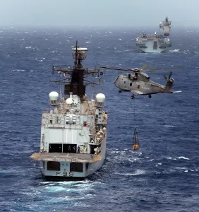 Images Dated 2009: HMS Cornwall Print - Aerial View of Vertical Replenishment