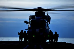 Royal Navy Merlin Helicopter Prepares to Takeoff from RFA Argus Royal Navy Merlin Helicopter Prepares to Takeoff from RFA Argus