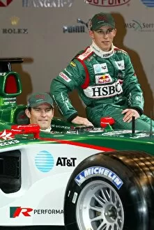 Images Dated 18th January 2004: Formula One Launch: L-R: Mark Webber and Christian Klien with the new Jaguar Cosworth R5