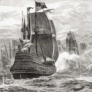 A 19th century ship of the line with three running gun batteries from stern to prow A 19th century ship of the line with three running gun batteries from stern to prow